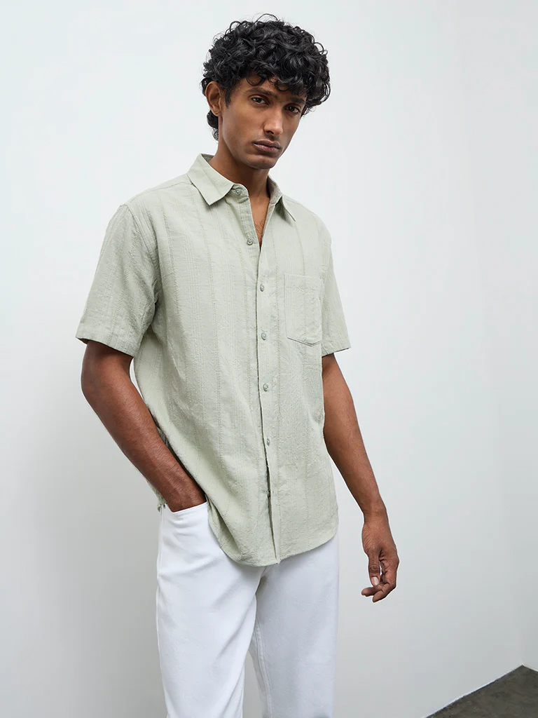 WES Casuals Sage Self-Textured Relaxed Fit Cotton Shirt - Image 2