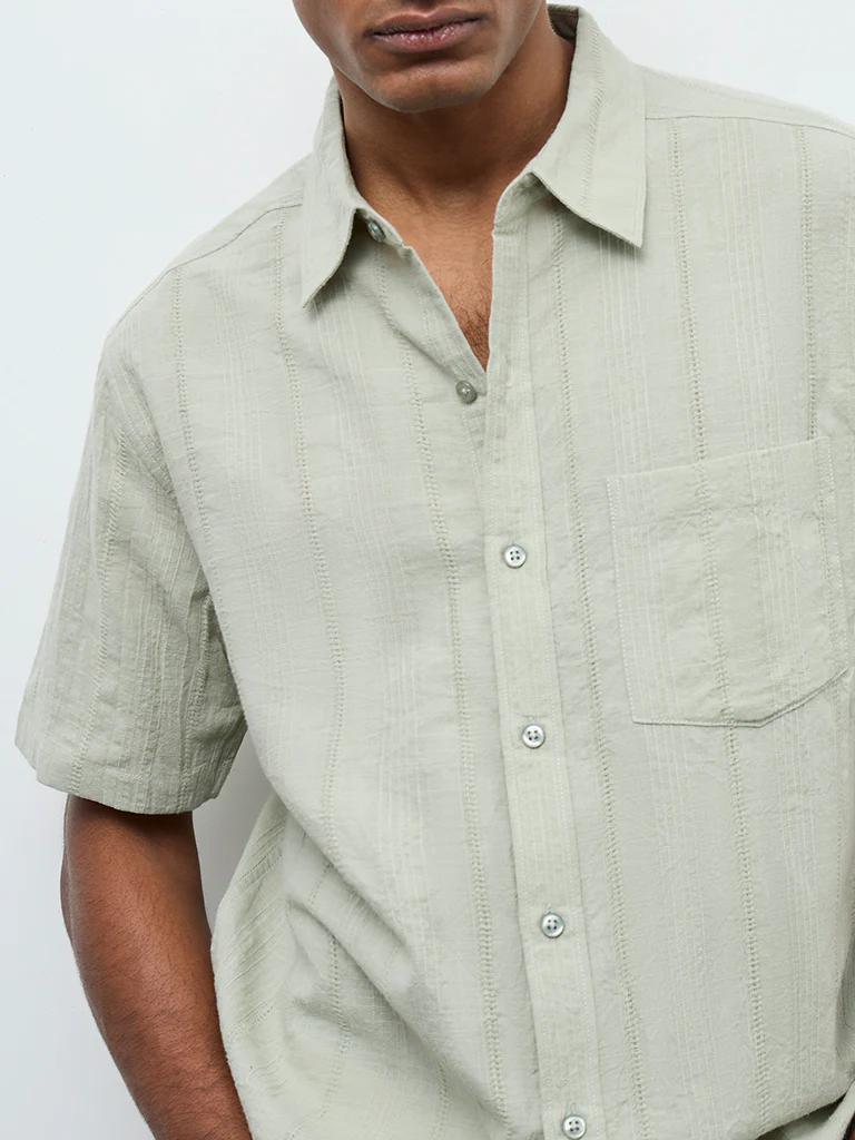 WES Casuals Sage Self-Textured Relaxed Fit Cotton Shirt - Image 3