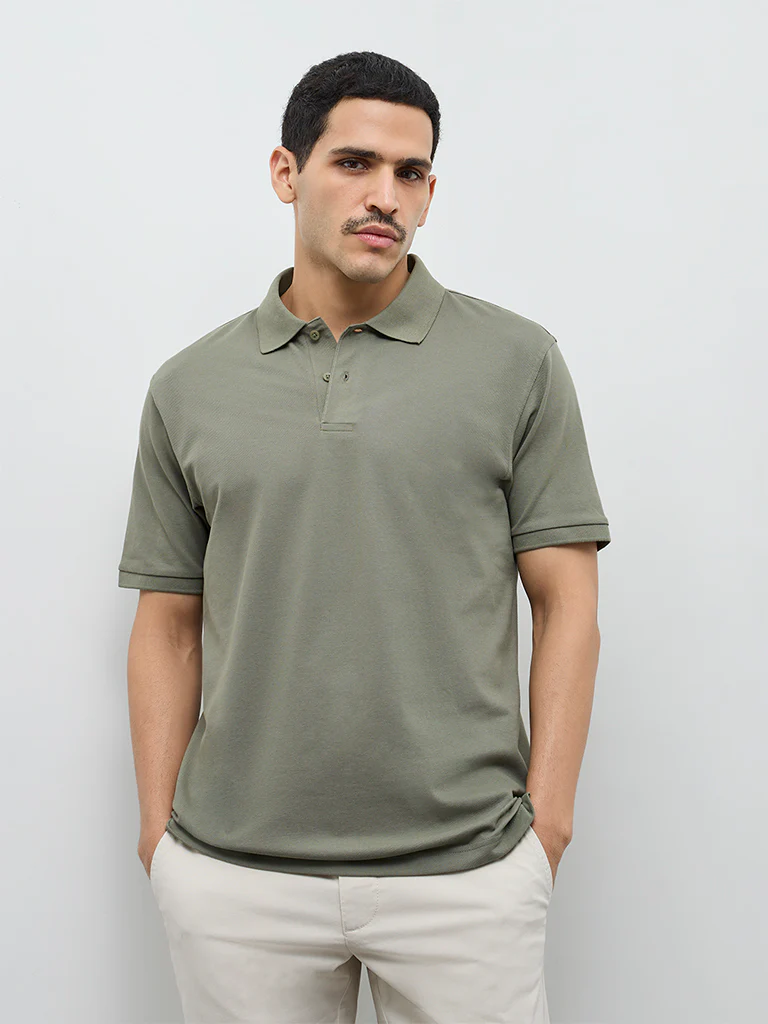 WES Casuals Sage Solid Relaxed-Fit Cotton-Blend Polo T-Shirt