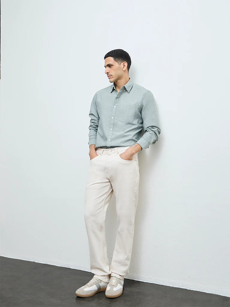 WES Casuals Sage Solid Relaxed-Fit Cotton Shirt