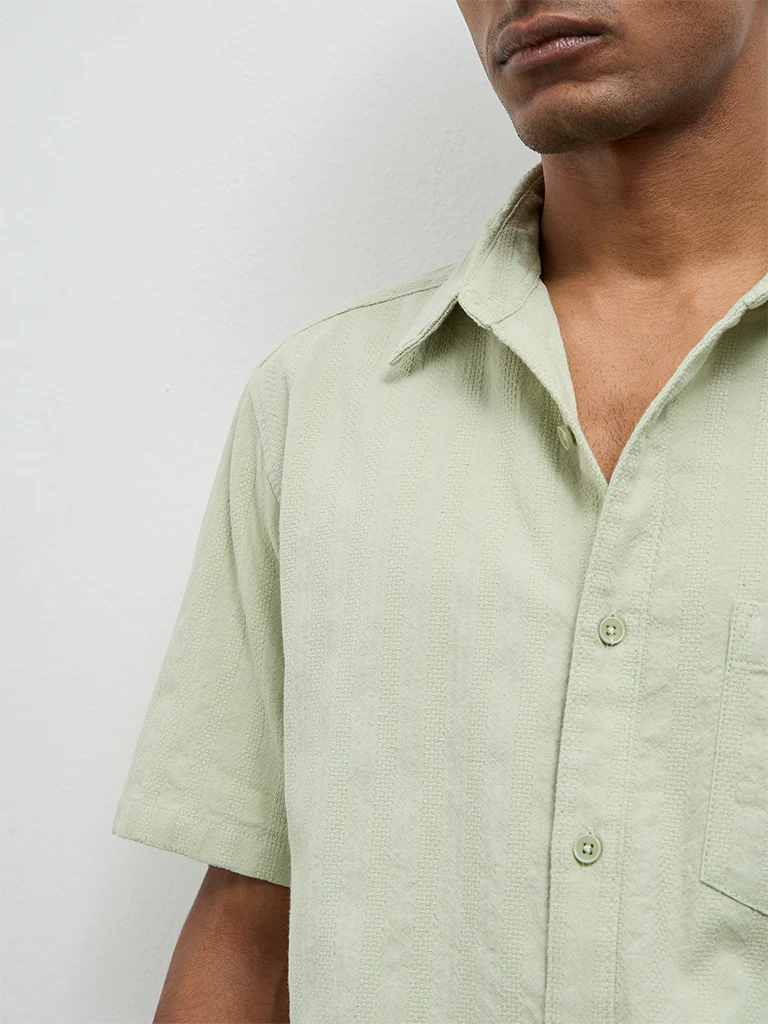 WES Casuals Sage Stripe Textured Relaxed-Fit Cotton Shirt - Image 4