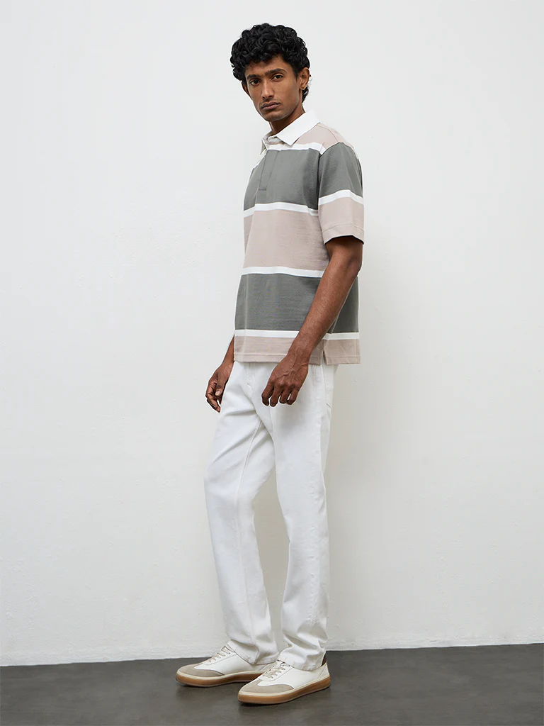 WES Casuals Sage Striped Relaxed Fit Polo Cotton-Blend T-Shirt - Image 3