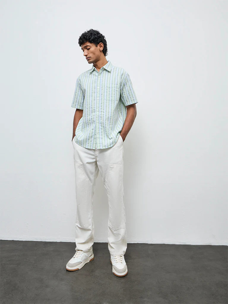 WES Casuals Sage Striped Relaxed Fit Cotton-Blend Shirt