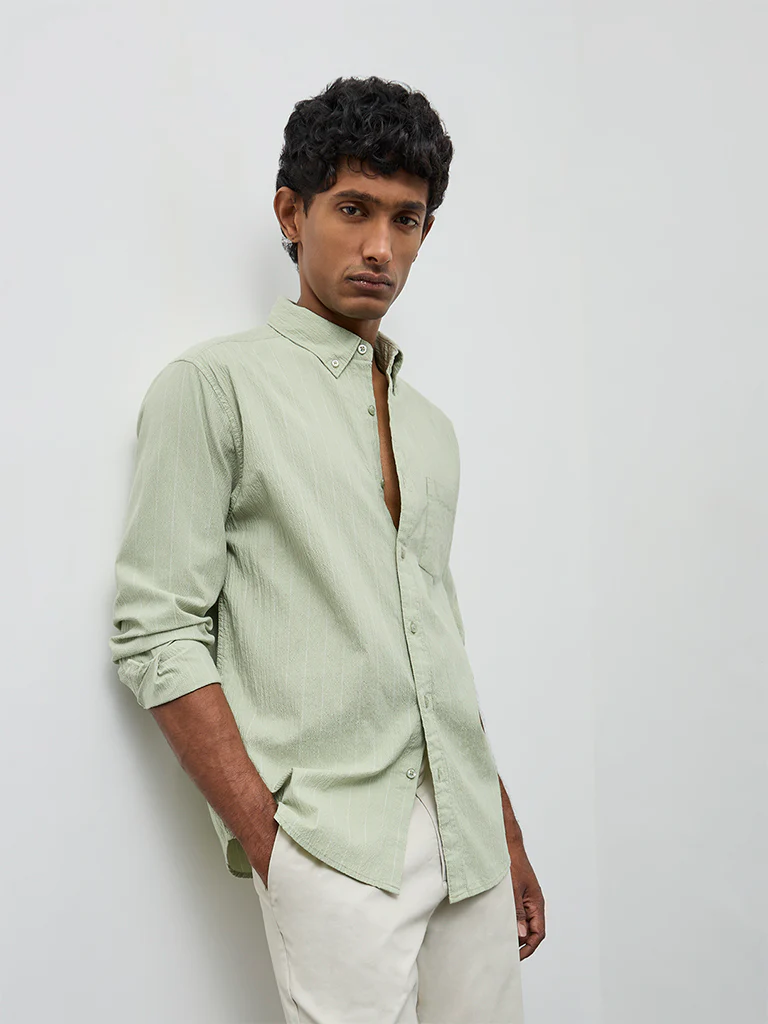 WES Casuals Sage Striped Relaxed-Fit Cotton-Blend Shirt