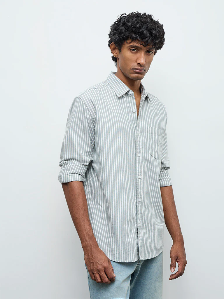 WES Casuals Sage Striped Relaxed Fit Cotton Shirt - Image 2