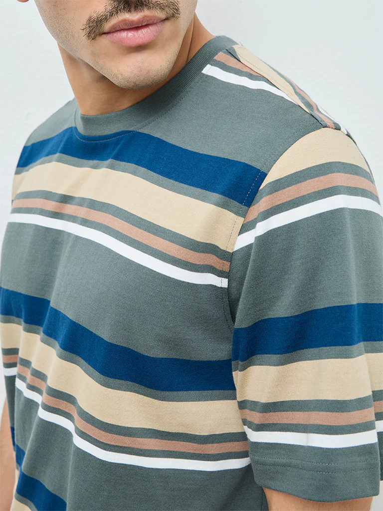 WES Casuals Sage Striped Relaxed-Fit Cotton T-Shirt - Image 4