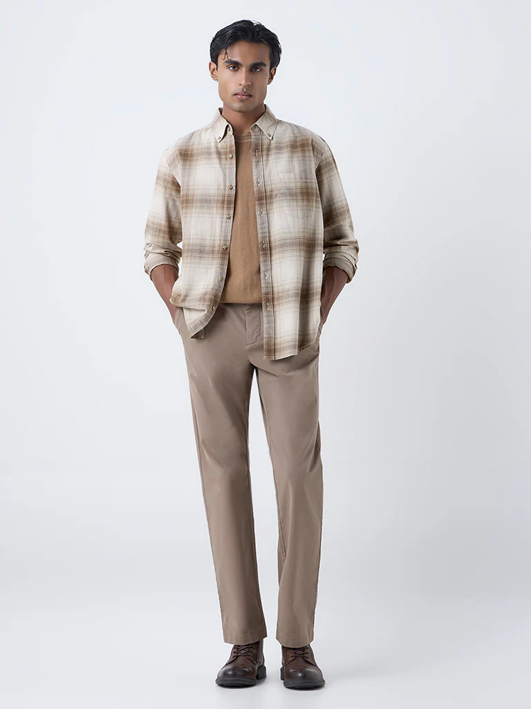WES Casuals Tan Checks Pattern Relaxed-Fit Cotton Shirt