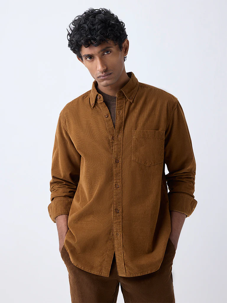 WES Casuals Tan Corduroy Relaxed-Fit Cotton Shirt