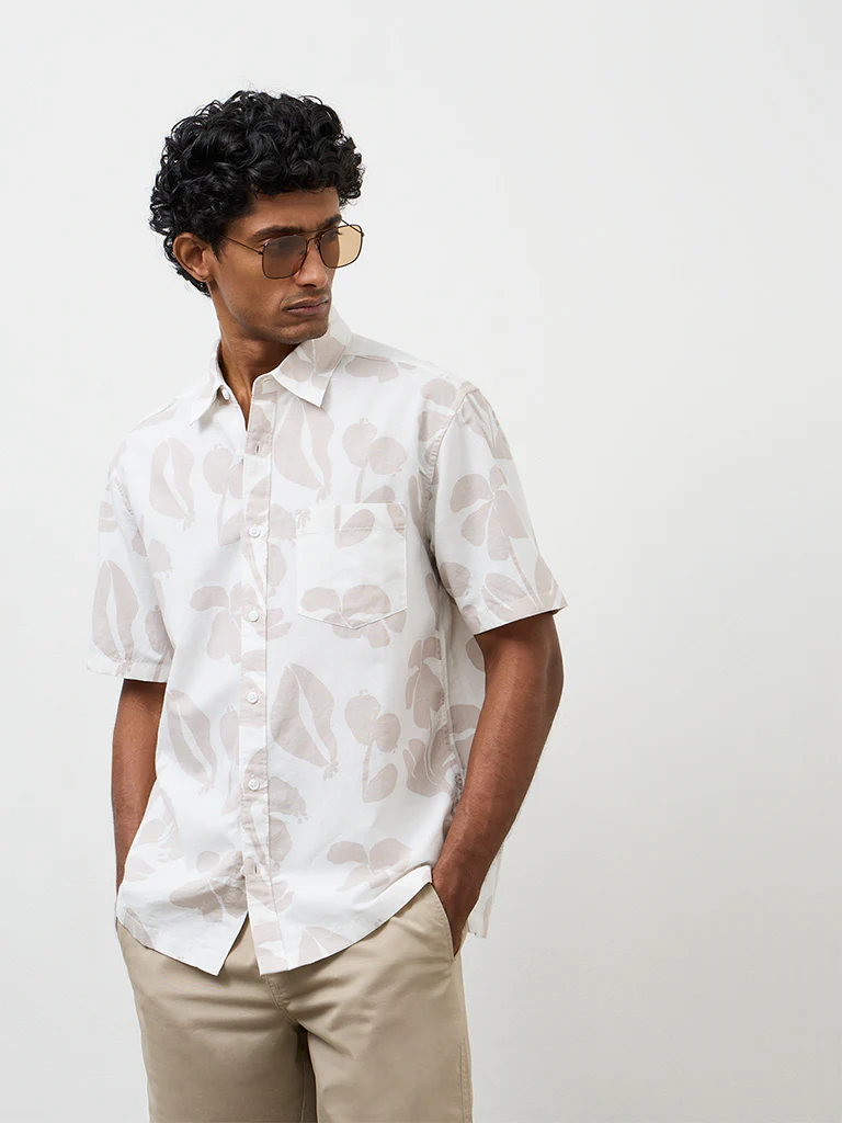 WES Casuals Taupe Botanical-Printed Cotton-Blend Relaxed-Fit Shirt - Image 2