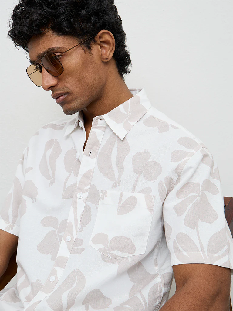 WES Casuals Taupe Botanical-Printed Cotton-Blend Relaxed-Fit Shirt - Image 3