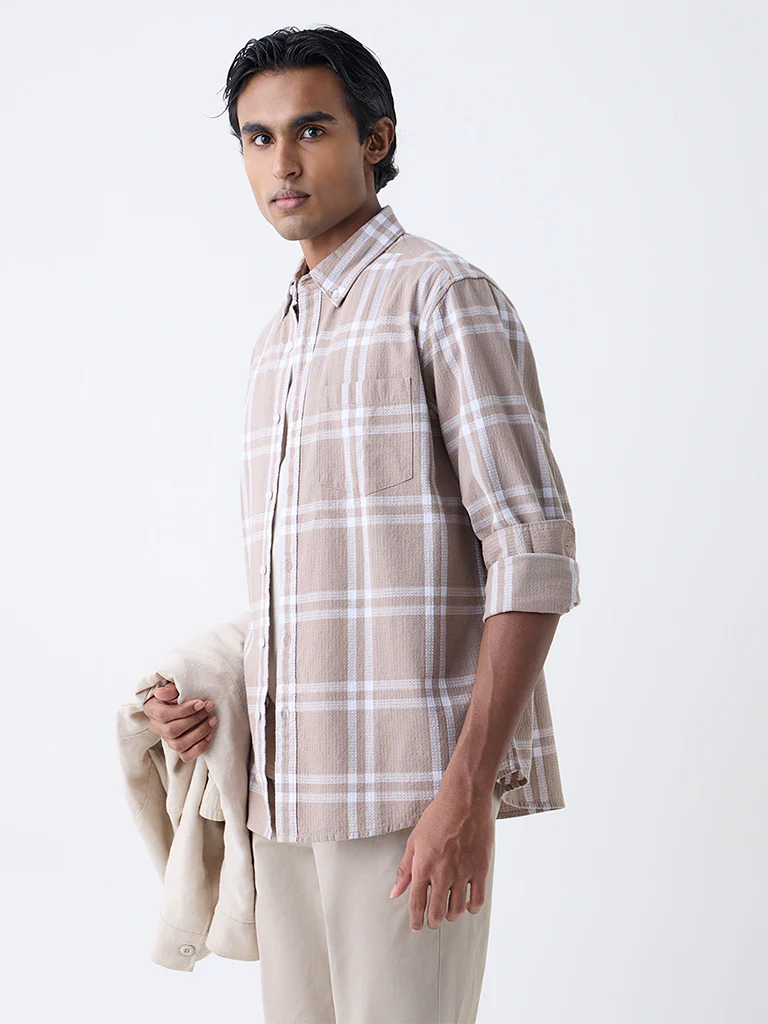 WES Casuals Taupe Checkered Relaxed-Fit Cotton Shirt - Image 2