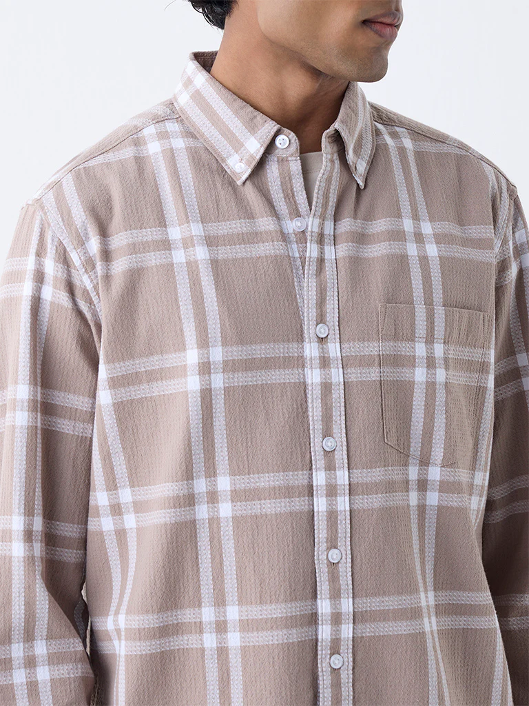 WES Casuals Taupe Checkered Relaxed-Fit Cotton Shirt - Image 3