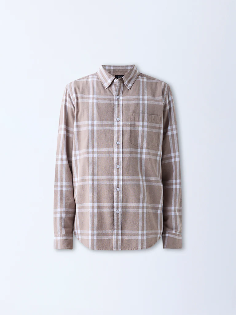 WES Casuals Taupe Checkered Relaxed-Fit Cotton Shirt - Image 5