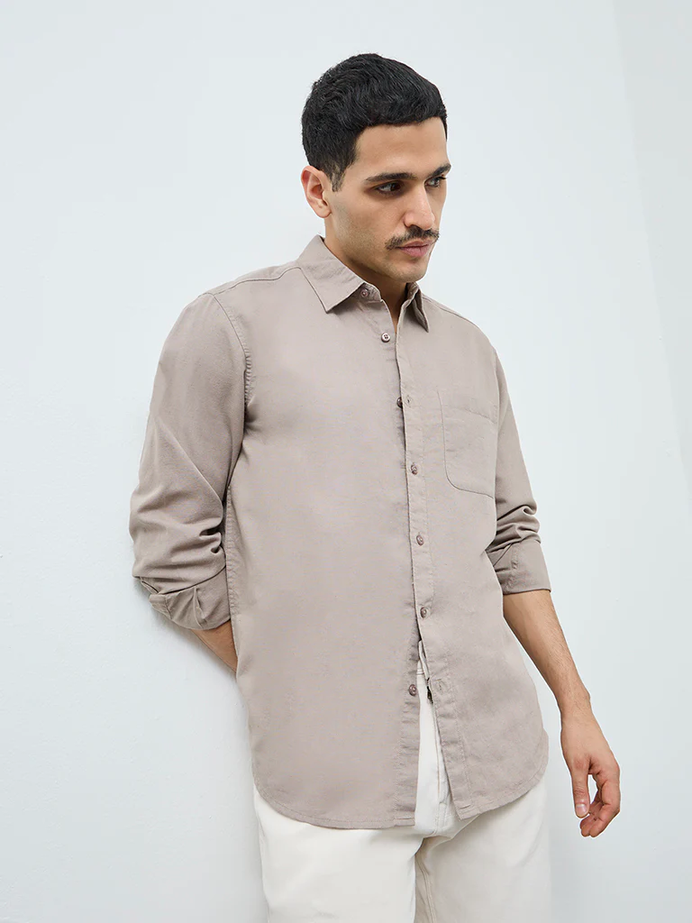 WES Casuals Taupe Relaxed-Fit Cotton-Blend Shirt