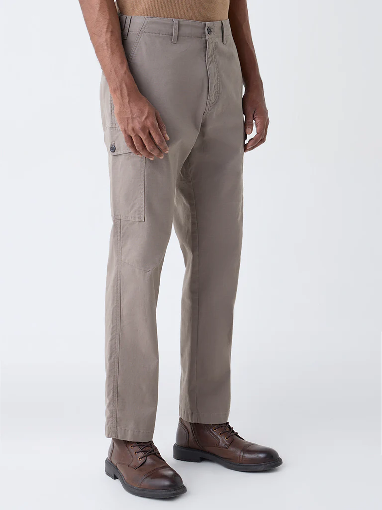 WES Casuals Taupe Relaxed-Fit Cotton Trousers - Image 3