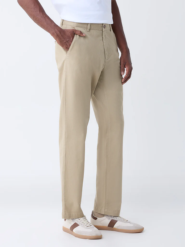 WES Casuals Taupe Relaxed-Fit Mid-Rise Cotton-Blend Chinos - Image 3