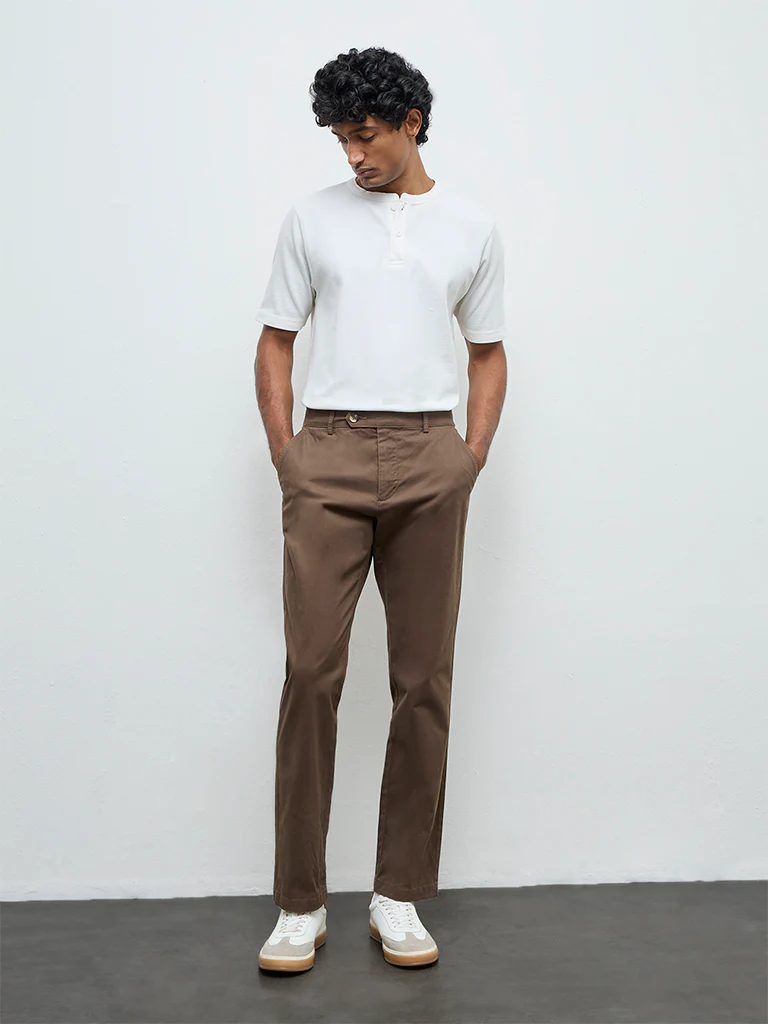 WES Casuals Taupe Relaxed-Fit Mid-Rise Cotton-Blend Trousers