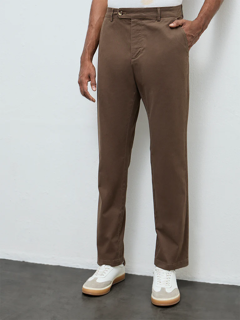 WES Casuals Taupe Relaxed-Fit Mid-Rise Cotton-Blend Trousers - Image 2