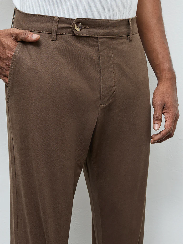 WES Casuals Taupe Relaxed-Fit Mid-Rise Cotton-Blend Trousers - Image 3