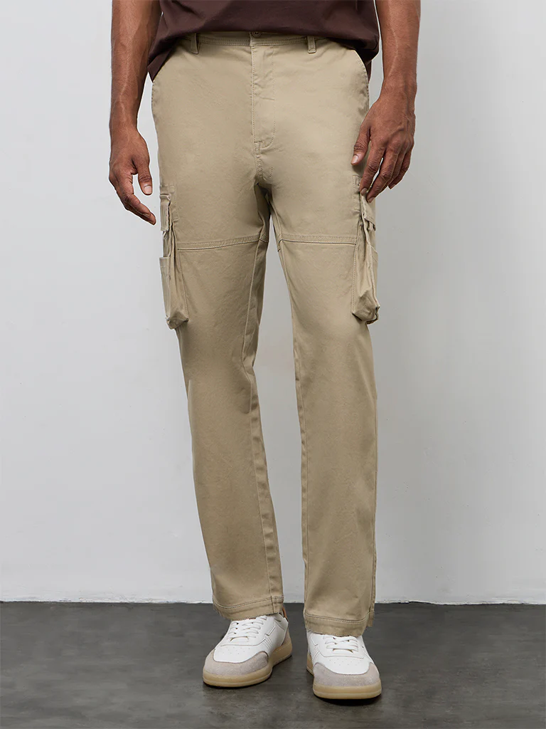 WES Casuals Taupe Relaxed-Fit Mid-Rise Cotton Cargo Pants - Image 3