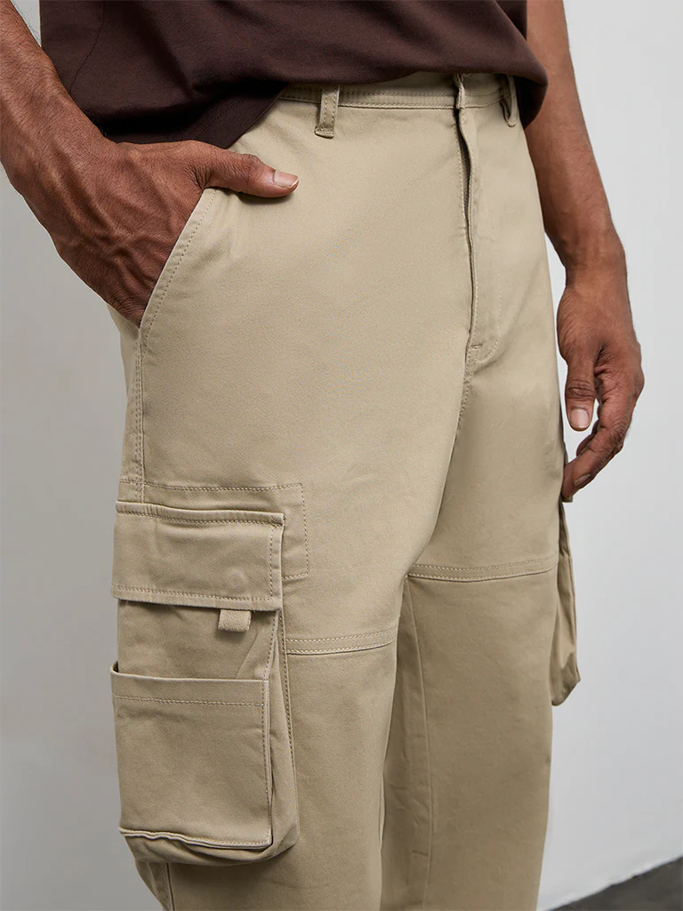 WES Casuals Taupe Relaxed-Fit Mid-Rise Cotton Cargo Pants - Image 4