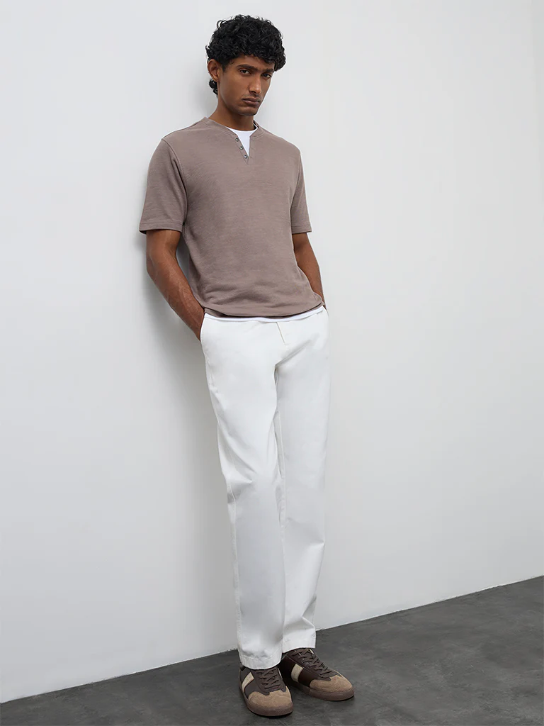 WES Casuals Taupe Relaxed-Fit Textured Cotton T-Shirt - Image 3