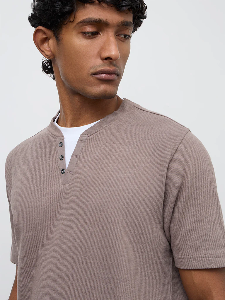 WES Casuals Taupe Relaxed-Fit Textured Cotton T-Shirt - Image 4