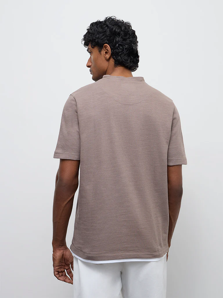 WES Casuals Taupe Relaxed-Fit Textured Cotton T-Shirt - Image 5
