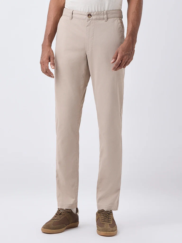 WES Casuals Taupe Slim-Fit Mid-Rise Cotton-Blend Trousers - Image 3