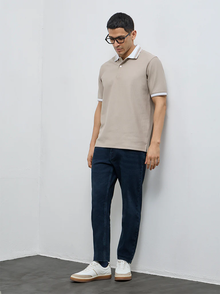 WES Casuals Taupe Textured Relaxed-Fit Polo T-Shirt - Image 3