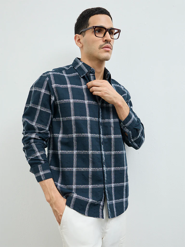 WES Casuals Teal Checks Design Relaxed-Fit Cotton Shirt