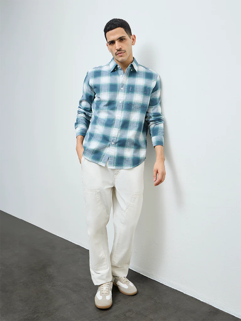 WES Casuals Teal Checks Detailed Relaxed-Fit Cotton Shirt - Image 2