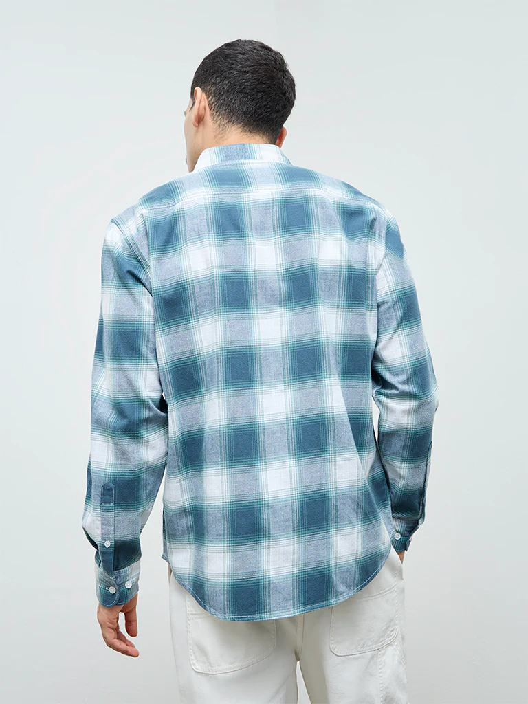 WES Casuals Teal Checks Detailed Relaxed-Fit Cotton Shirt - Image 4