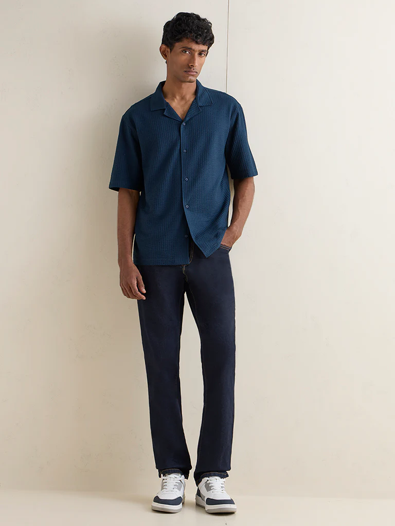 WES Casuals Teal Textured Relaxed-Fit Cotton-Blend Shirt - Image 2