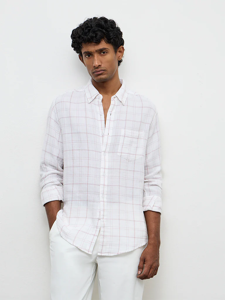 WES Casuals White Checkered Relaxed-Fit Cotton Shirt