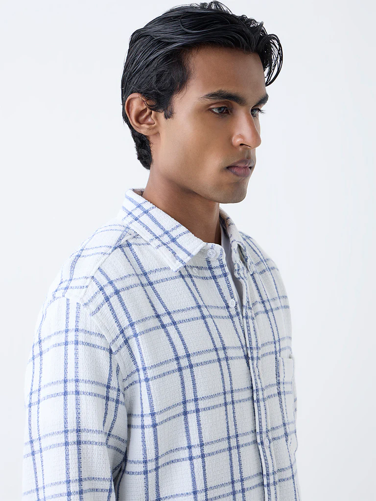 WES Casuals White Checks Detailed Relaxed-Fit Cotton Shirt - Image 3