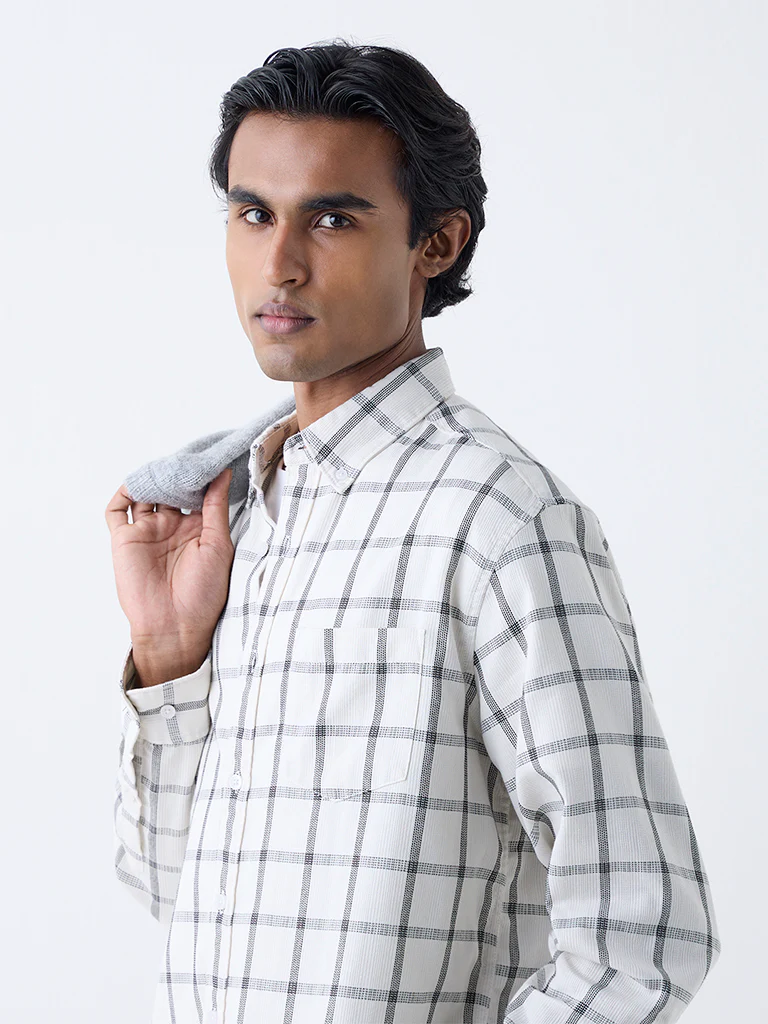 WES Casuals White Checks Printed Relaxed-Fit Cotton Shirt - Image 3