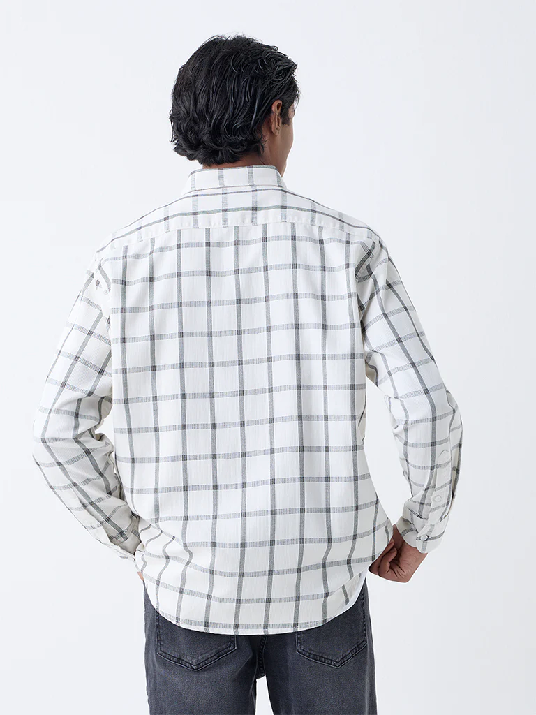 WES Casuals White Checks Printed Relaxed-Fit Cotton Shirt - Image 4
