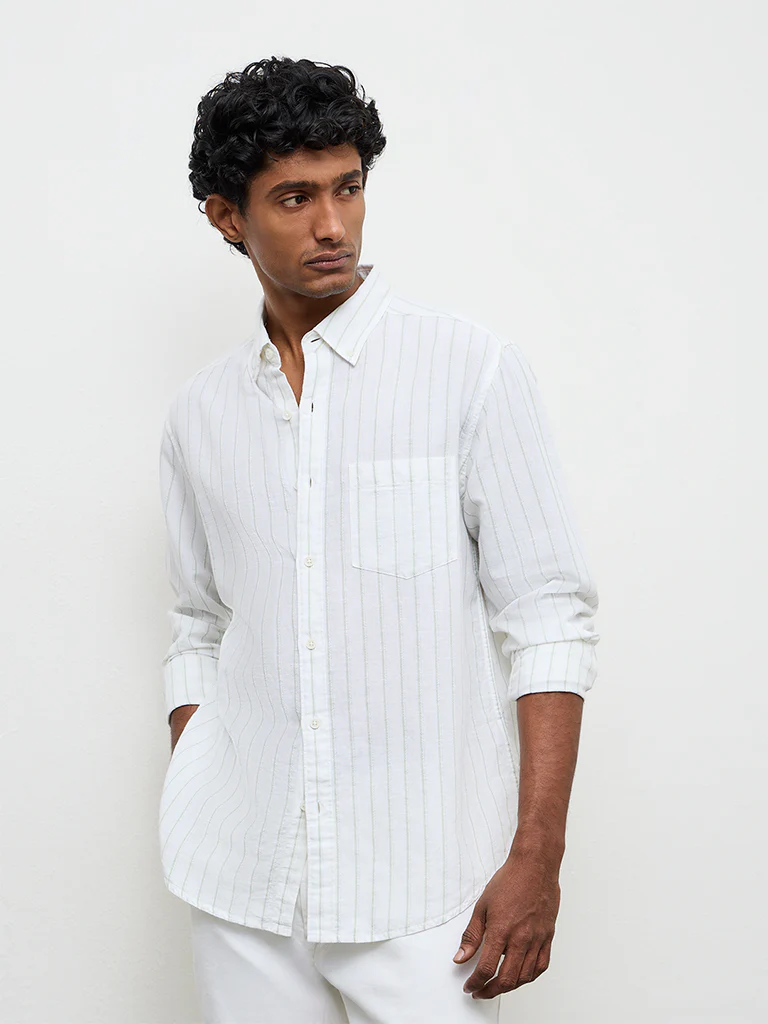 WES Casuals White Pinstriped Relaxed-Fit Cotton-Blend Shirt - Image 2