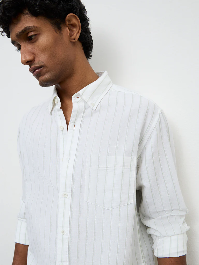 WES Casuals White Pinstriped Relaxed-Fit Cotton-Blend Shirt - Image 3