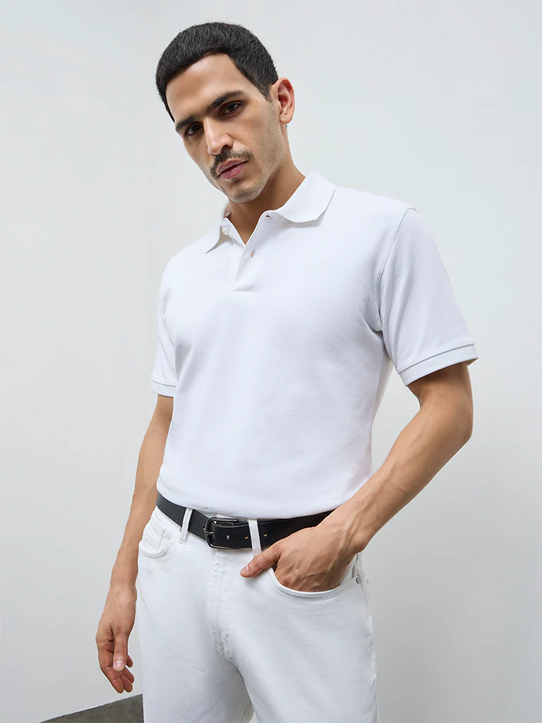 WES Casuals White Relaxed-Fit Cotton-Blend Polo T-Shirt