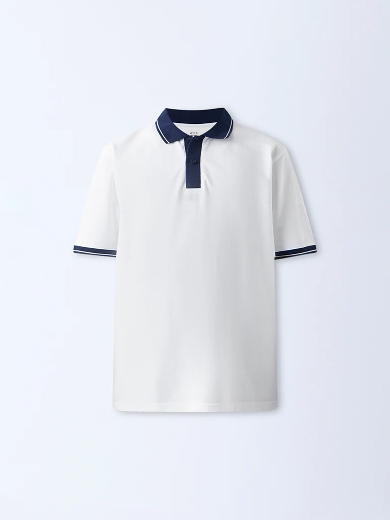 WES Casuals White Self Relaxed-Fit Cotton-Blend Polo T-Shirt - Image 6