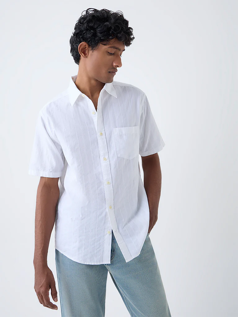 WES Casuals White Self-Striped Relaxed-Fit Cotton Shirt - Image 3