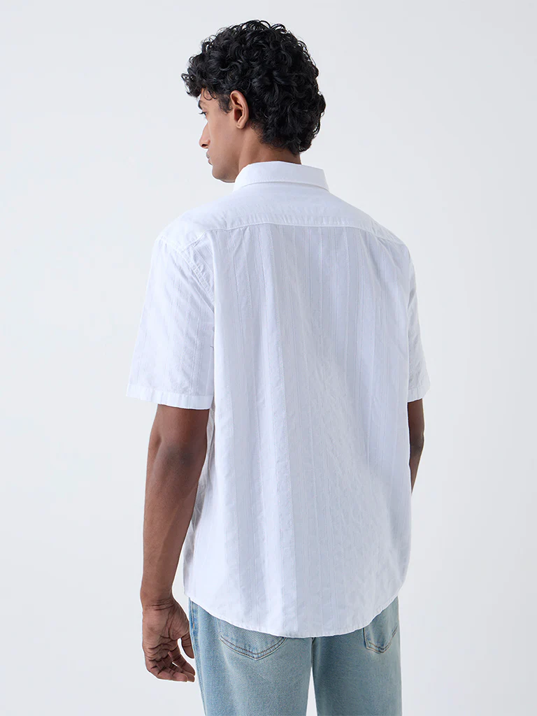 WES Casuals White Self-Striped Relaxed-Fit Cotton Shirt - Image 5