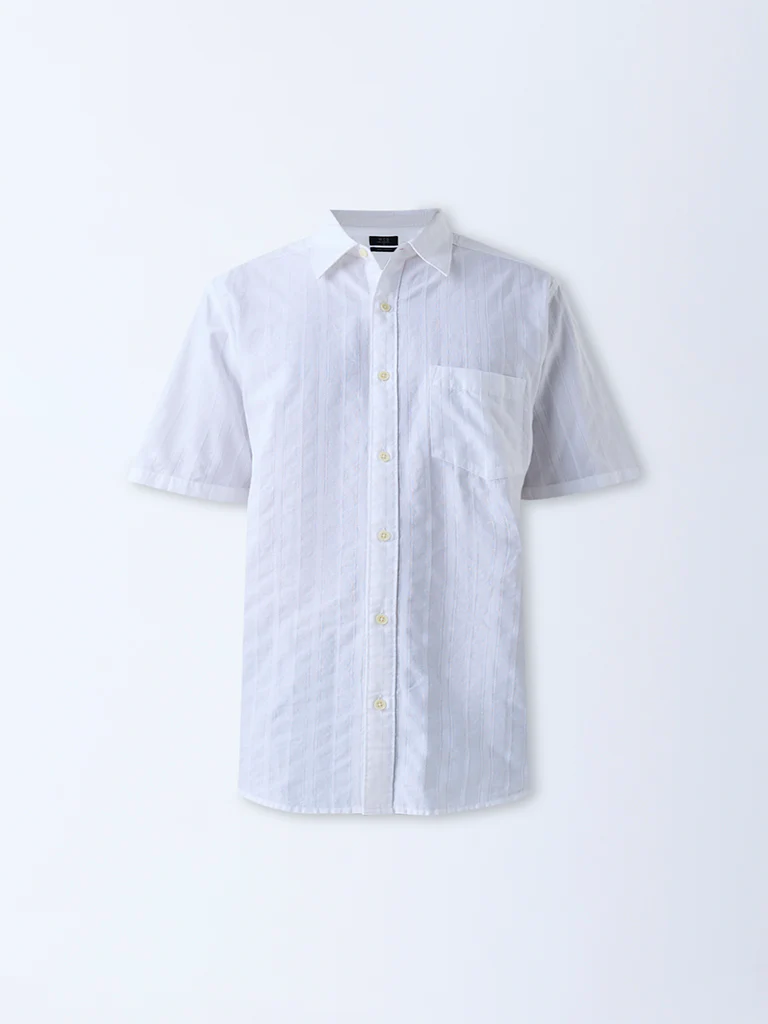 WES Casuals White Self-Striped Relaxed-Fit Cotton Shirt - Image 6