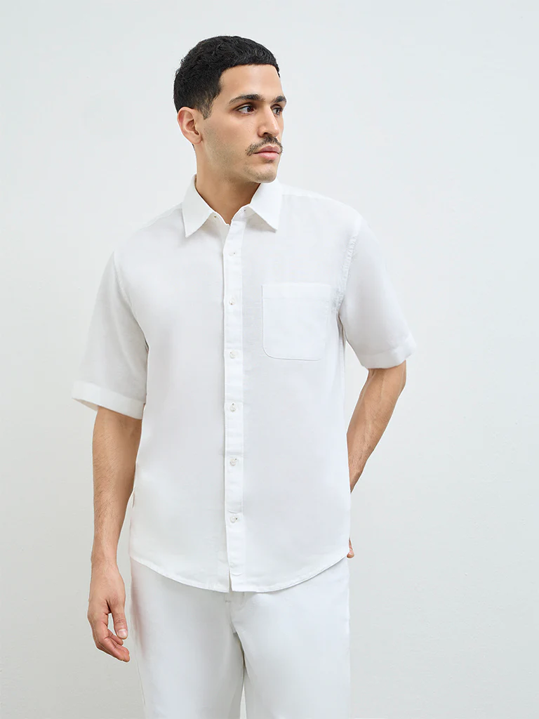 WES Casuals White Solid Relaxed-Fit Linen-Blend Shirt