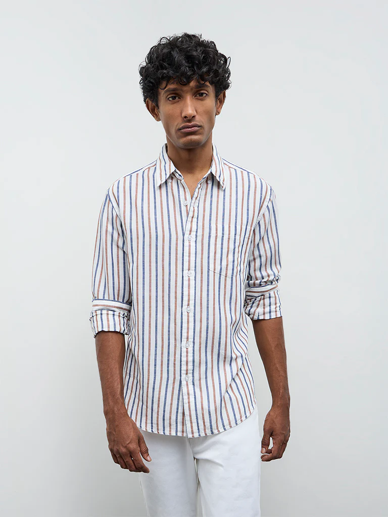 WES Casuals White Striped Relaxed Fit Cotton-Blend Shirt