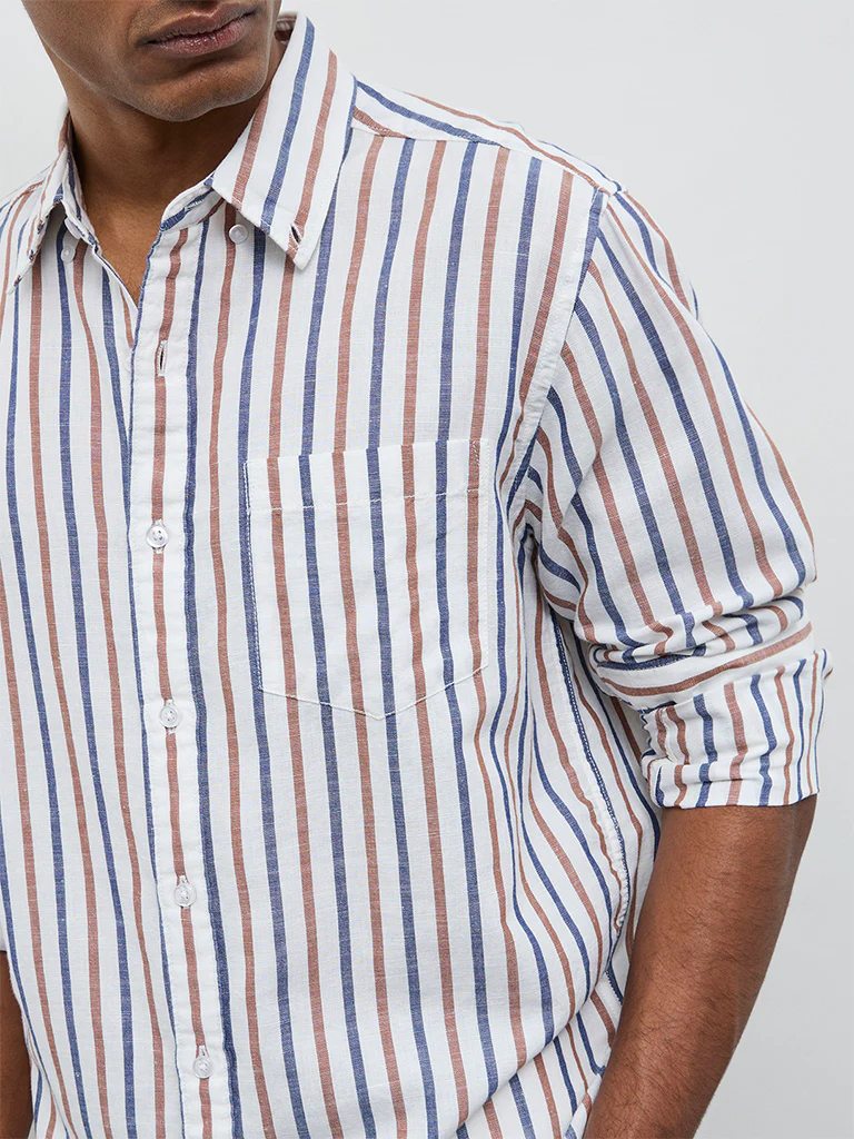 WES Casuals White Striped Relaxed Fit Cotton-Blend Shirt - Image 3