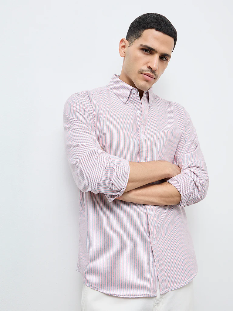WES Casuals White Striped Relaxed Fit Cotton Shirt - Image 2