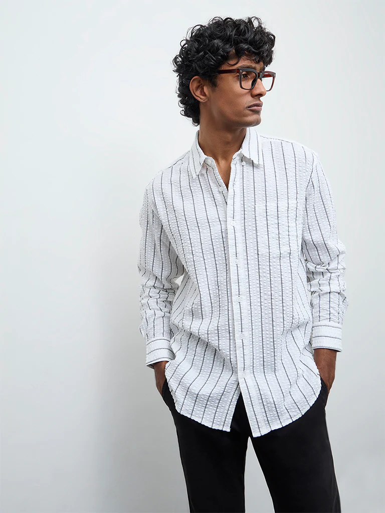 WES Casuals White Striped Relaxed Fit Cotton Shirt - Image 2